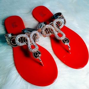 🍀🌸 Red/Gold Blingy Thong Kali Sandals 9